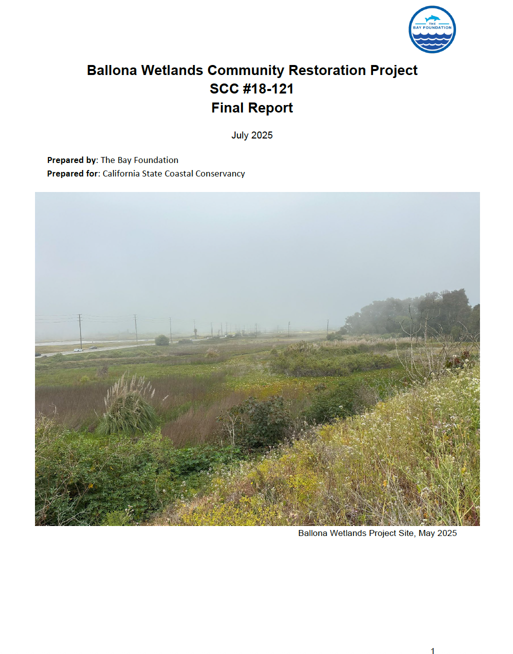 Ballona Wetlands Community Restoration Project SCC #18-121 Final Report cover page displaying landscape of Ballona Wetlands Project Site, May 2025